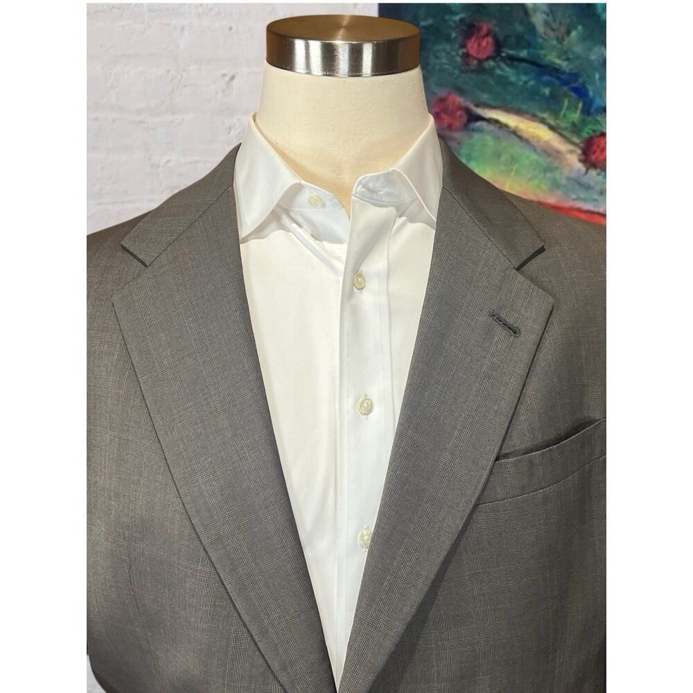 Vtg Hart Schaffner Marx 44-46L 38x30 Taupe Gray Blue Glen Plaid Classic Suit - Picture 4 of 16